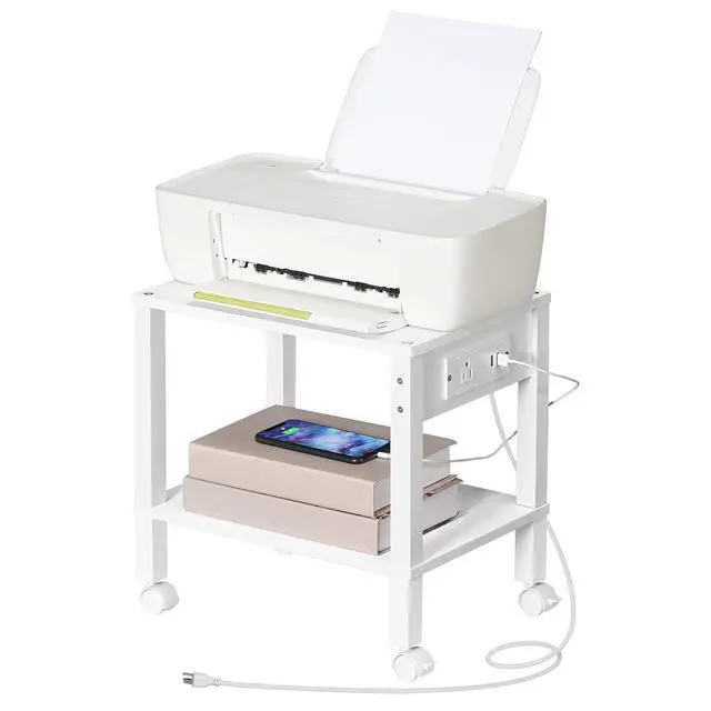 Alt view image 3 of 7 - 2-Tier Printer Stand with Charging Station, Under Desk Printer Table, Printer Cart with Storage Shelves, Shelf for Small Spaces, for Home Office, White WT38UPS01