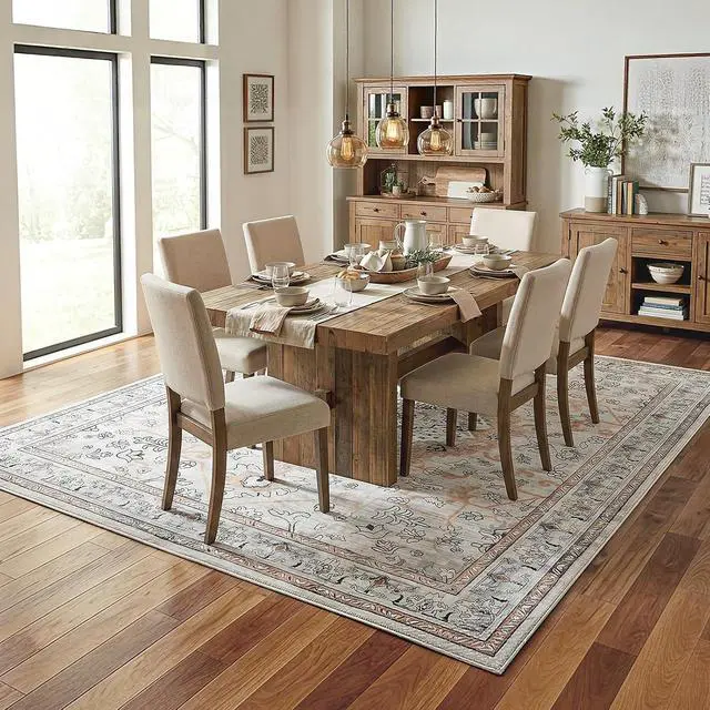 Alt view image 6 of 7 - Washable Rug 8 x 10 Area Rugs for Living Room, Non-Slip Stain Resistant Rug, Low Pile Soft Rug Indoor Large Carpets Pet Friendly Mat, for Bedroom Kitchen Dining Room, Vintage Beige EF05AR01