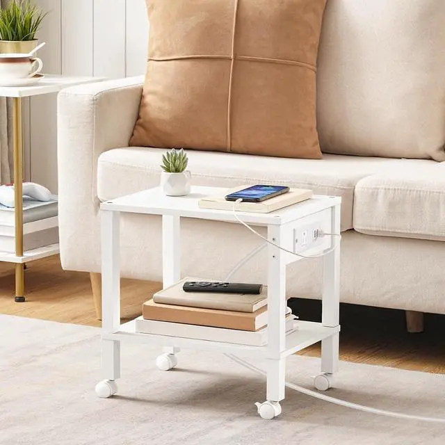 Alt view image 4 of 7 - 2-Tier Printer Stand with Charging Station, Under Desk Printer Table, Printer Cart with Storage Shelves, Shelf for Small Spaces, for Home Office, White WT38UPS01
