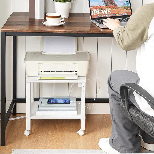 Alt view image 5 of 7 - 2-Tier Printer Stand with Charging Station, Under Desk Printer Table, Printer Cart with Storage Shelves, Shelf for Small Spaces, for Home Office, White WT38UPS01
