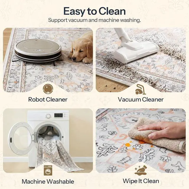 Alt view image 7 of 7 - Washable Rug 8 x 10 Area Rugs for Living Room, Non-Slip Stain Resistant Rug, Low Pile Soft Rug Indoor Large Carpets Pet Friendly Mat, for Bedroom Kitchen Dining Room, Vintage Beige EF05AR01