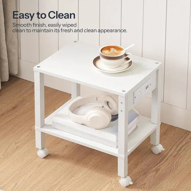 Alt view image 6 of 7 - 2-Tier Printer Stand with Charging Station, Under Desk Printer Table, Printer Cart with Storage Shelves, Shelf for Small Spaces, for Home Office, White WT38UPS01