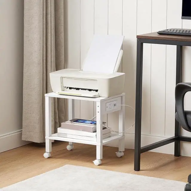 Alt view image 7 of 7 - 2-Tier Printer Stand with Charging Station, Under Desk Printer Table, Printer Cart with Storage Shelves, Shelf for Small Spaces, for Home Office, White WT38UPS01