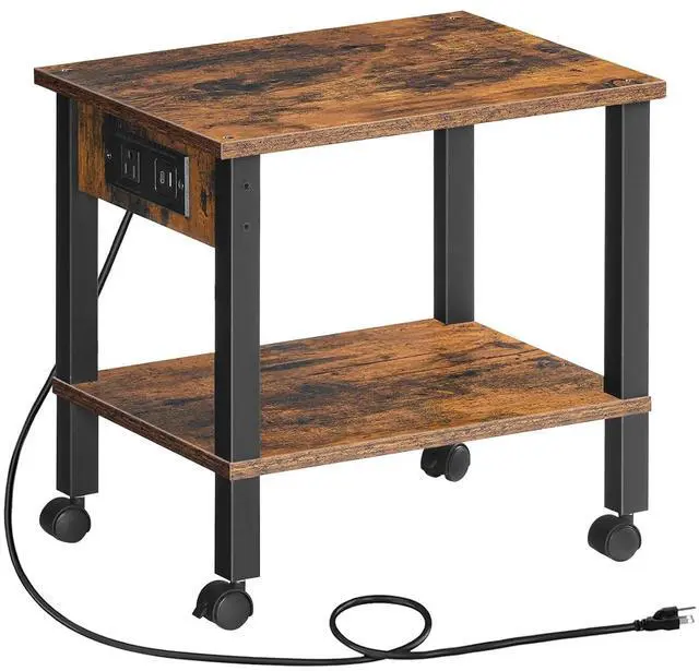Main image of 2-Tier Printer Stand with Charging Station, Under Desk Printer Table, Printer Cart with Storage Shelves, Shelf for Small Spaces, for Home Office, Rustic Brown and Black BF38UPS01