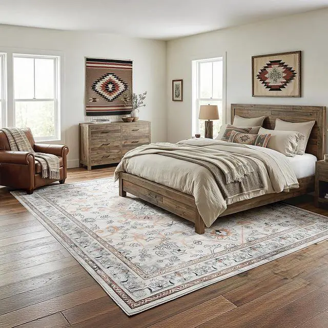 Alt view image 5 of 7 - Washable Rug 8 x 10 Area Rugs for Living Room, Non-Slip Stain Resistant Rug, Low Pile Soft Rug Indoor Large Carpets Pet Friendly Mat, for Bedroom Kitchen Dining Room, Vintage Beige EF05AR01