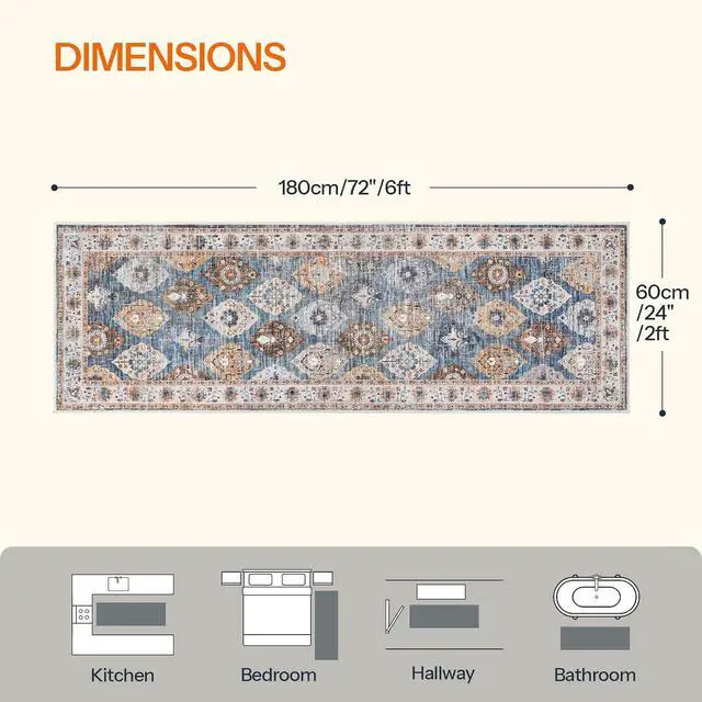 Alt view image 2 of 7 - 2 x 6 Runner Rugs Washable, Area Rugs for Hallway Kitchen Bedroom Beside Laundry Bathroom Rug, Non-Slip Backing Stain Resistant Carpet, Pet Friendly Low Pile Soft Rug, Light Blue BU02AR01
