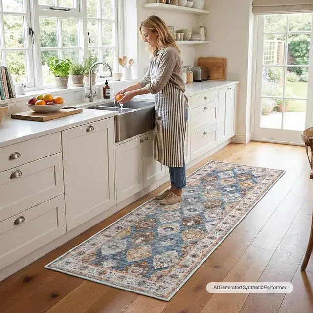 Alt view image 4 of 7 - 2 x 6 Runner Rugs Washable, Area Rugs for Hallway Kitchen Bedroom Beside Laundry Bathroom Rug, Non-Slip Backing Stain Resistant Carpet, Pet Friendly Low Pile Soft Rug, Light Blue BU02AR01