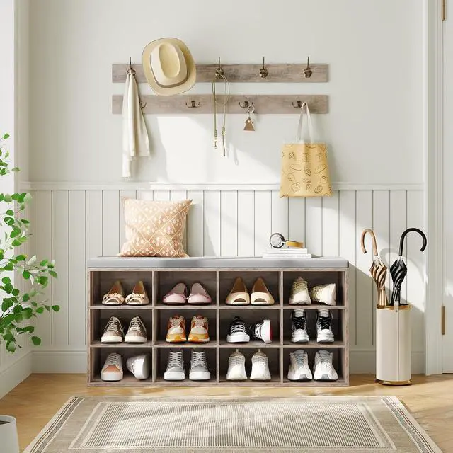 Alt view image 2 of 7 - Shoe Storage Bench with Cushion, 39.4" L Entryway Bench with 12 Cubbies, Entryway Hall Tree with Storage, Shoe Cabinet with Coat Rack for Bedroom, Hallway, Holds up to 330 lb, Gray GY112HX01