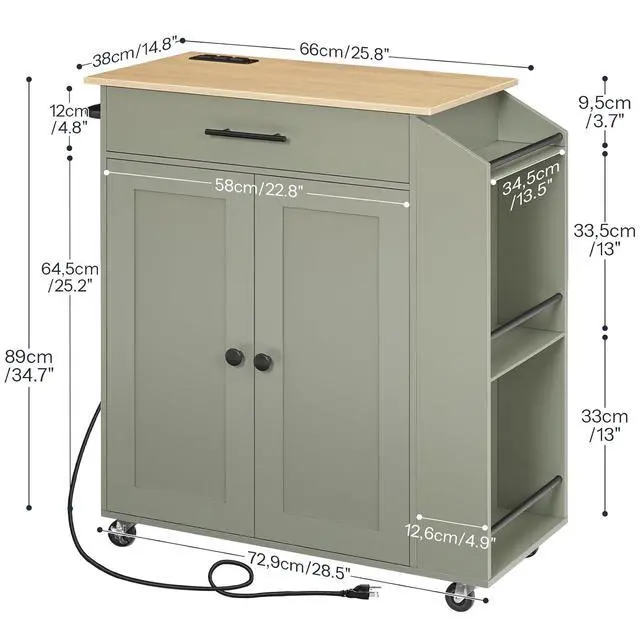 Alt view image 3 of 7 - Kitchen Island with Power Outlet, Storage Island with Spice Rack and Drawer, Rolling Kitchen Cart on Wheels, for Home, Dining Room, Natural and Green JN82UZD01G1