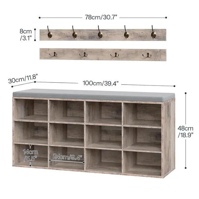 Alt view image 3 of 7 - Shoe Storage Bench with Cushion, 39.4" L Entryway Bench with 12 Cubbies, Entryway Hall Tree with Storage, Shoe Cabinet with Coat Rack for Bedroom, Hallway, Holds up to 330 lb, Gray GY112HX01
