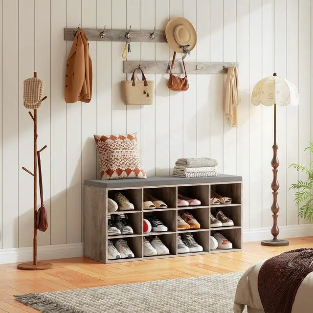 Alt view image 4 of 7 - Shoe Storage Bench with Cushion, 39.4" L Entryway Bench with 12 Cubbies, Entryway Hall Tree with Storage, Shoe Cabinet with Coat Rack for Bedroom, Hallway, Holds up to 330 lb, Gray GY112HX01