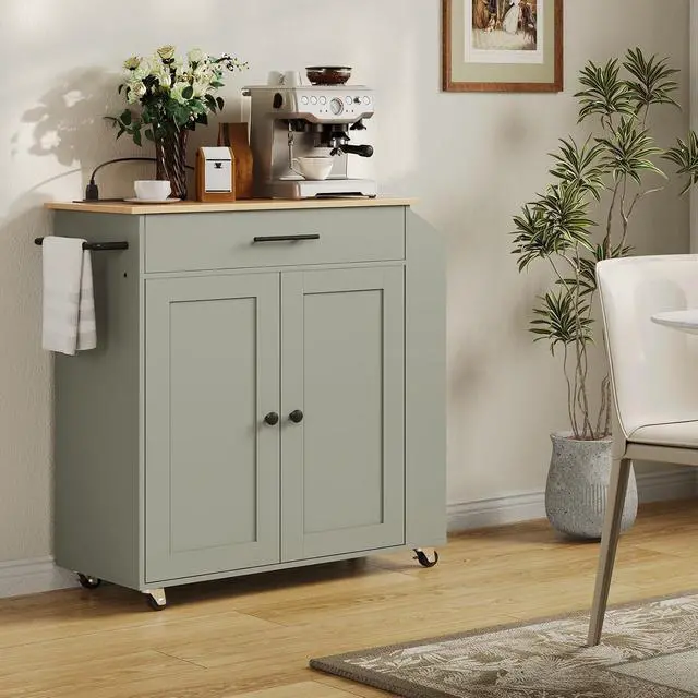 Alt view image 5 of 7 - Kitchen Island with Power Outlet, Storage Island with Spice Rack and Drawer, Rolling Kitchen Cart on Wheels, for Home, Dining Room, Natural and Green JN82UZD01G1
