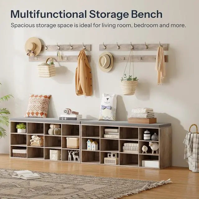 Alt view image 5 of 7 - Shoe Storage Bench with Cushion, 39.4" L Entryway Bench with 12 Cubbies, Entryway Hall Tree with Storage, Shoe Cabinet with Coat Rack for Bedroom, Hallway, Holds up to 330 lb, Gray GY112HX01