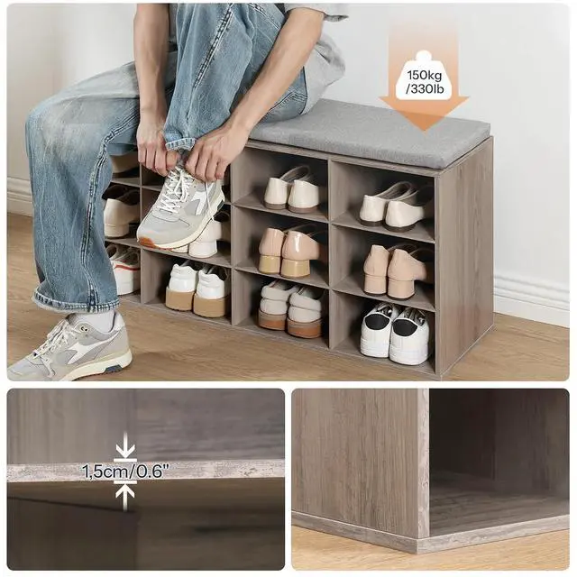 Alt view image 6 of 7 - Shoe Storage Bench with Cushion, 39.4" L Entryway Bench with 12 Cubbies, Entryway Hall Tree with Storage, Shoe Cabinet with Coat Rack for Bedroom, Hallway, Holds up to 330 lb, Gray GY112HX01