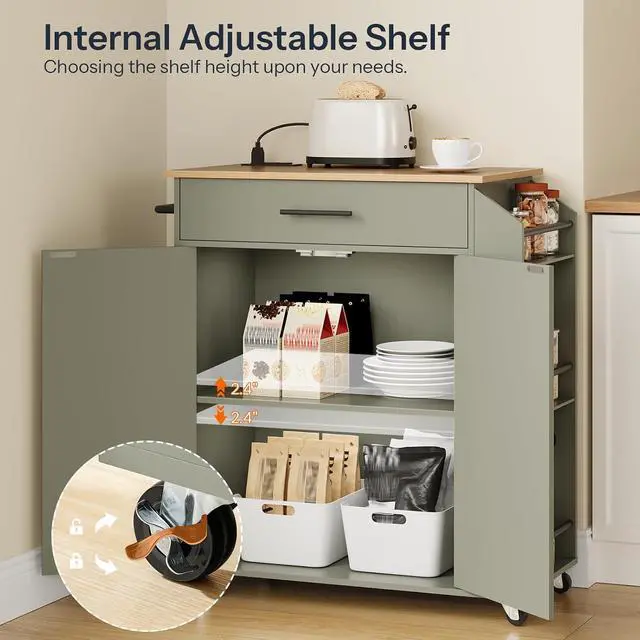 Alt view image 6 of 7 - Kitchen Island with Power Outlet, Storage Island with Spice Rack and Drawer, Rolling Kitchen Cart on Wheels, for Home, Dining Room, Natural and Green JN82UZD01G1