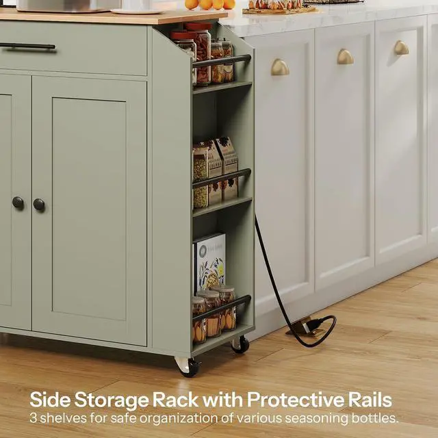 Alt view image 7 of 7 - Kitchen Island with Power Outlet, Storage Island with Spice Rack and Drawer, Rolling Kitchen Cart on Wheels, for Home, Dining Room, Natural and Green JN82UZD01G1