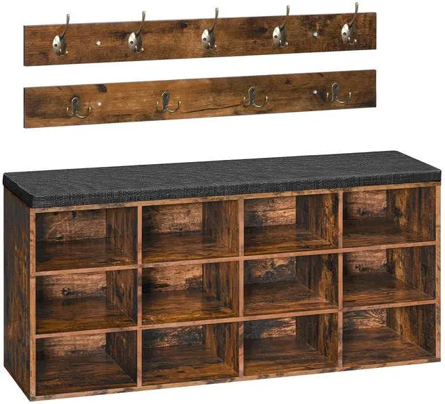 Main image of Shoe Storage Bench with Cushion, 39.4" L Entryway Bench with 12 Cubbies, Entryway Hall Tree with Storage, Shoe Cabinet with Coat Rack for Bedroom, Hallway, Holds up to 330 lb, BF112HX01G1