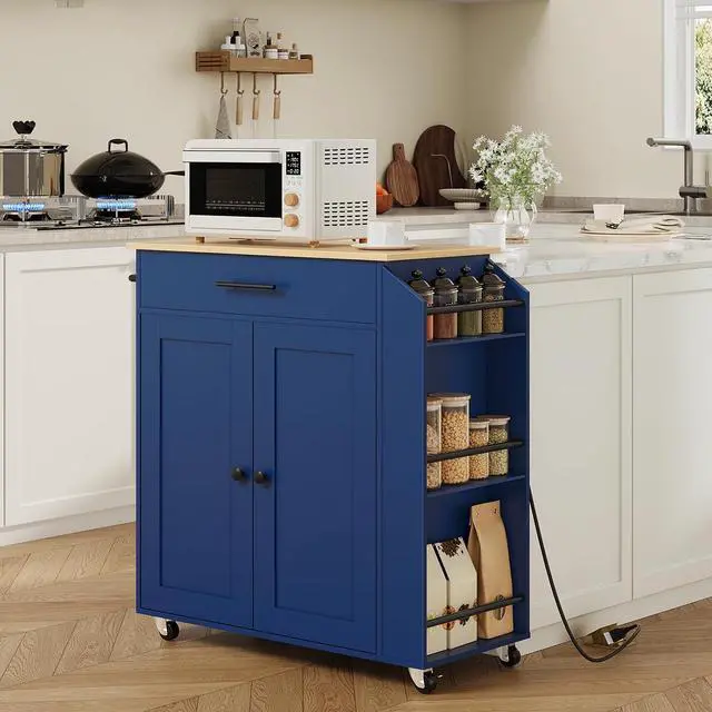 Alt view image 2 of 7 - Kitchen Island with Power Outlet, Kitchen Storage Island with Spice Rack and Drawer, Rolling Kitchen on Wheels, for Home, Dining Room, Natural and Blue UN82UZD01G1