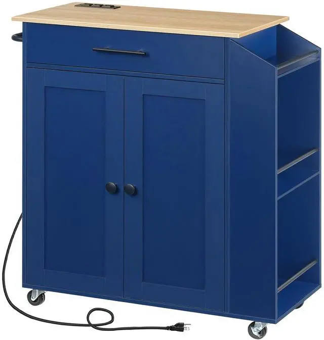Main image of Kitchen Island with Power Outlet, Kitchen Storage Island with Spice Rack and Drawer, Rolling Kitchen on Wheels, for Home, Dining Room, Natural and Blue UN82UZD01G1