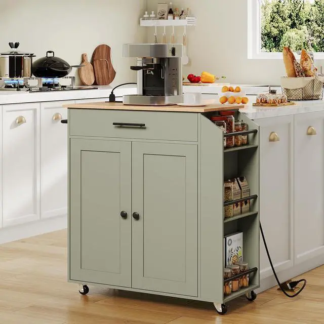 Alt view image 2 of 7 - Kitchen Island with Power Outlet, Storage Island with Spice Rack and Drawer, Rolling Kitchen Cart on Wheels, for Home, Dining Room, Natural and Green JN82UZD01G1