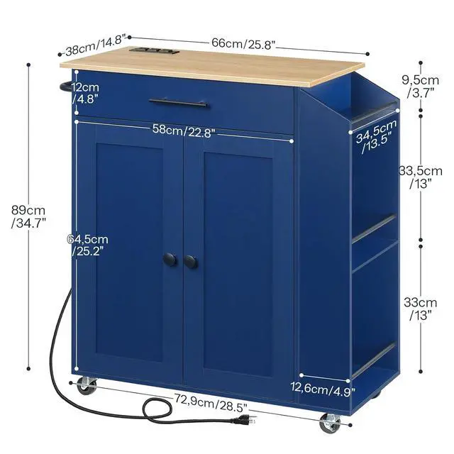Alt view image 3 of 7 - Kitchen Island with Power Outlet, Kitchen Storage Island with Spice Rack and Drawer, Rolling Kitchen on Wheels, for Home, Dining Room, Natural and Blue UN82UZD01G1
