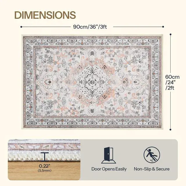Alt view image 2 of 7 - 2 x 3 Area Rugs Washable, Small Rugs for Entryway Kitchen Bathroom Mat Indoor Low Pile Soft Rug, Non-Slip Backing Stain Resistant Carpets, Pet Friendly Machine Washable, Vintage Beige EF01AR01