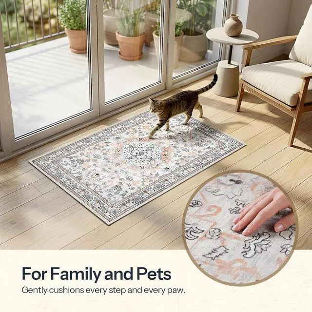 Alt view image 3 of 7 - 2 x 3 Area Rugs Washable, Small Rugs for Entryway Kitchen Bathroom Mat Indoor Low Pile Soft Rug, Non-Slip Backing Stain Resistant Carpets, Pet Friendly Machine Washable, Vintage Beige EF01AR01