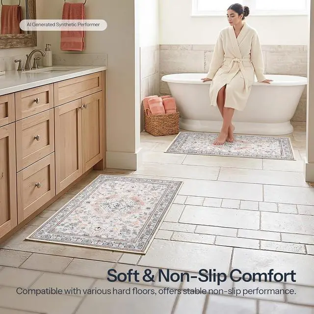Alt view image 6 of 7 - 2 x 3 Area Rugs Washable, Small Rugs for Entryway Kitchen Bathroom Mat Indoor Low Pile Soft Rug, Non-Slip Backing Stain Resistant Carpets, Pet Friendly Machine Washable, Vintage Beige EF01AR01