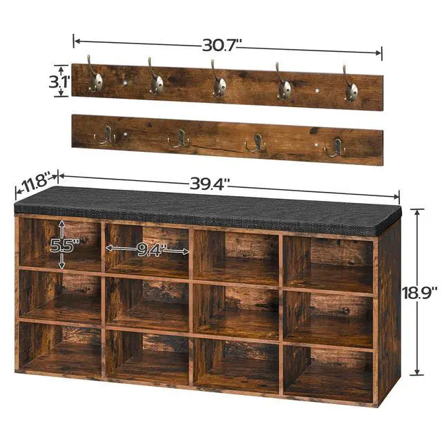 Alt view image 3 of 7 - Shoe Storage Bench with Cushion, 39.4" L Entryway Bench with 12 Cubbies, Entryway Hall Tree with Storage, Shoe Cabinet with Coat Rack for Bedroom, Hallway, Holds up to 330 lb, BF112HX01G1