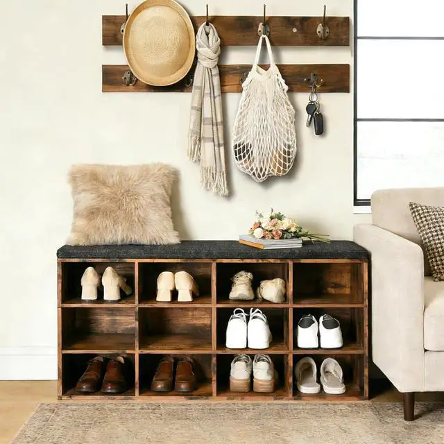 Alt view image 4 of 7 - Shoe Storage Bench with Cushion, 39.4" L Entryway Bench with 12 Cubbies, Entryway Hall Tree with Storage, Shoe Cabinet with Coat Rack for Bedroom, Hallway, Holds up to 330 lb, BF112HX01G1