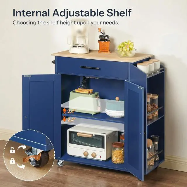 Alt view image 5 of 7 - Kitchen Island with Power Outlet, Kitchen Storage Island with Spice Rack and Drawer, Rolling Kitchen on Wheels, for Home, Dining Room, Natural and Blue UN82UZD01G1