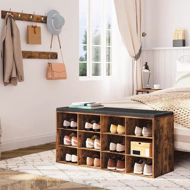 Alt view image 5 of 7 - Shoe Storage Bench with Cushion, 39.4" L Entryway Bench with 12 Cubbies, Entryway Hall Tree with Storage, Shoe Cabinet with Coat Rack for Bedroom, Hallway, Holds up to 330 lb, BF112HX01G1