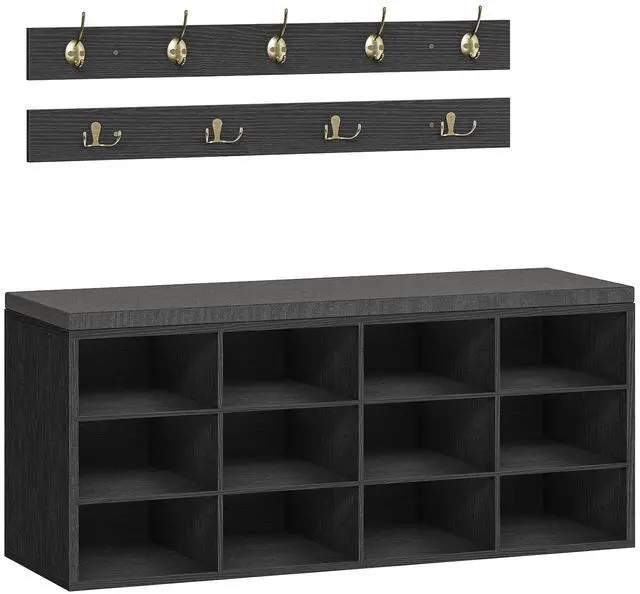 Main image of Shoe Storage Bench with Cushion, 39.4" L Entryway Bench with 12 Cubbies, Entryway Hall Tree with Storage, Cubby Shoe Rack Bench with Coat Rack for Hallway, Holds up to 330 lb, Black BB112HX01