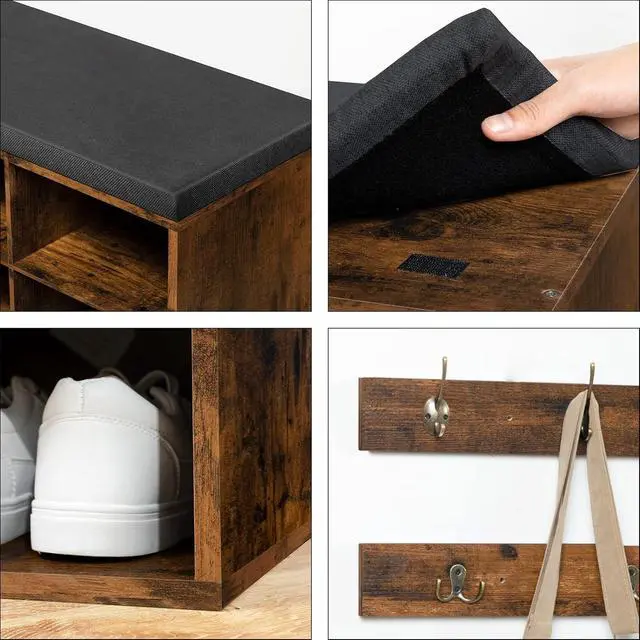 Alt view image 7 of 7 - Shoe Storage Bench with Cushion, 39.4" L Entryway Bench with 12 Cubbies, Entryway Hall Tree with Storage, Shoe Cabinet with Coat Rack for Bedroom, Hallway, Holds up to 330 lb, BF112HX01G1