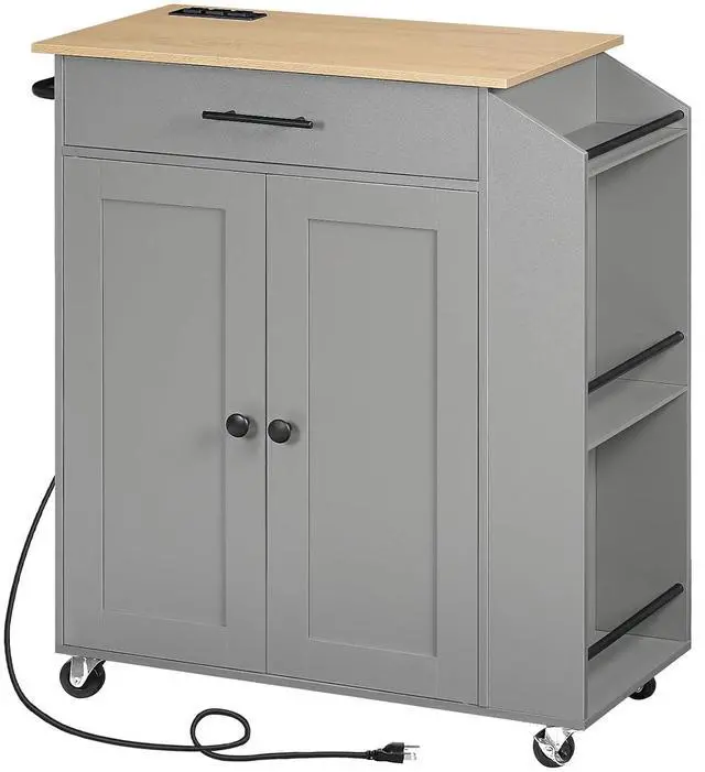 Main image of Kitchen Island with Power Outlet, Storage Island with Spice Rack and Drawer, Rolling Kitchen Cart on Wheels, for Home, Dining Room, Natural and Gray GN82UZD01