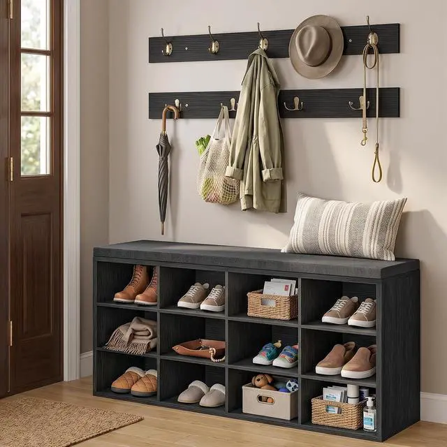 Alt view image 2 of 7 - Shoe Storage Bench with Cushion, 39.4" L Entryway Bench with 12 Cubbies, Entryway Hall Tree with Storage, Cubby Shoe Rack Bench with Coat Rack for Hallway, Holds up to 330 lb, Black BB112HX01