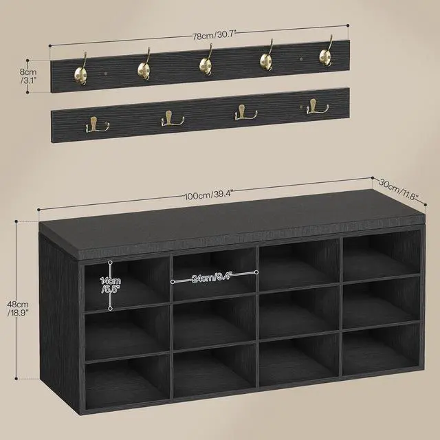 Alt view image 3 of 7 - Shoe Storage Bench with Cushion, 39.4" L Entryway Bench with 12 Cubbies, Entryway Hall Tree with Storage, Cubby Shoe Rack Bench with Coat Rack for Hallway, Holds up to 330 lb, Black BB112HX01
