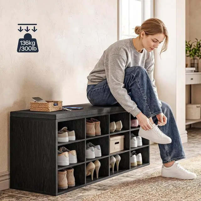 Alt view image 4 of 7 - Shoe Storage Bench with Cushion, 39.4" L Entryway Bench with 12 Cubbies, Entryway Hall Tree with Storage, Cubby Shoe Rack Bench with Coat Rack for Hallway, Holds up to 330 lb, Black BB112HX01