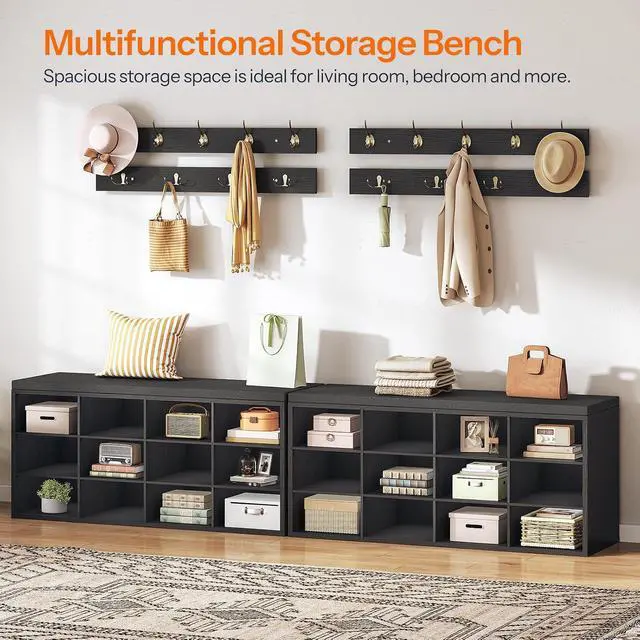Alt view image 5 of 7 - Shoe Storage Bench with Cushion, 39.4" L Entryway Bench with 12 Cubbies, Entryway Hall Tree with Storage, Cubby Shoe Rack Bench with Coat Rack for Hallway, Holds up to 330 lb, Black BB112HX01