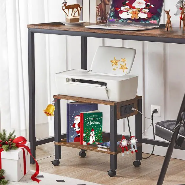 Alt view image 2 of 7 - 2-Tier Printer Stand with Charging Station, Under Desk Printer Table, Printer Cart with Storage Shelves, Shelf for Small Spaces, for Home Office, Rustic Brown and Black BF38UPS01
