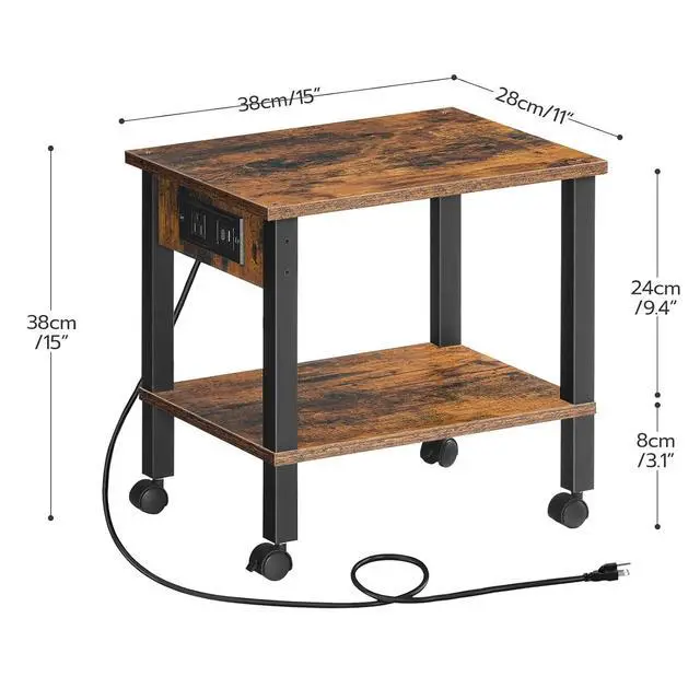 Alt view image 5 of 7 - 2-Tier Printer Stand with Charging Station, Under Desk Printer Table, Printer Cart with Storage Shelves, Shelf for Small Spaces, for Home Office, Rustic Brown and Black BF38UPS01