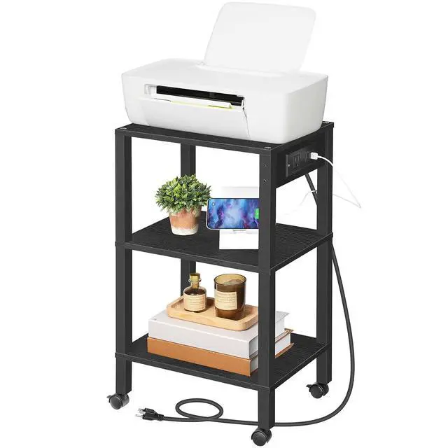 Alt view image 2 of 7 - 3-Tier Printer Stand with Charging Station, Under Desk Printer Table, Printer Cart with Storage Shelves, Shelf for Small Spaces, for Home Office, Black BK63UPS01