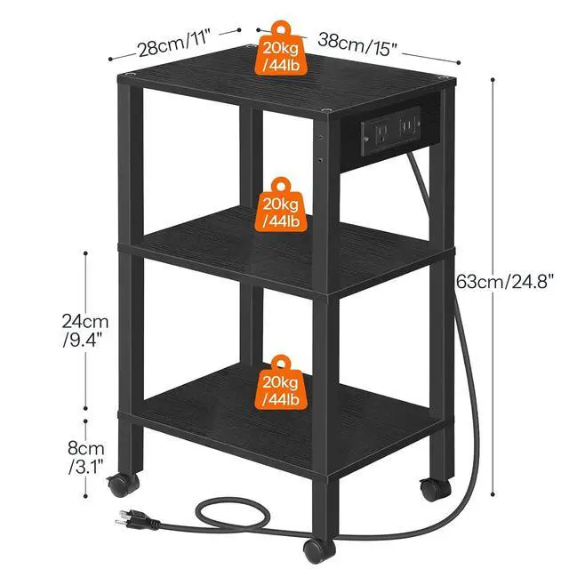 Alt view image 3 of 7 - 3-Tier Printer Stand with Charging Station, Under Desk Printer Table, Printer Cart with Storage Shelves, Shelf for Small Spaces, for Home Office, Black BK63UPS01