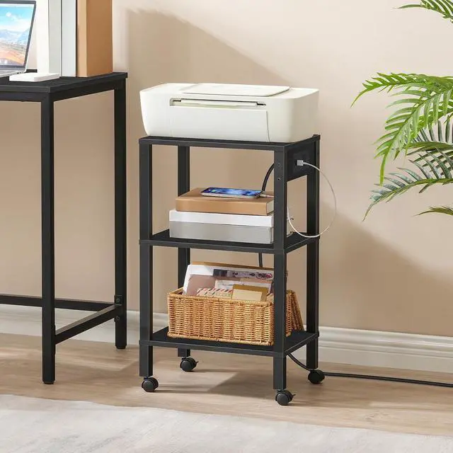 Alt view image 4 of 7 - 3-Tier Printer Stand with Charging Station, Under Desk Printer Table, Printer Cart with Storage Shelves, Shelf for Small Spaces, for Home Office, Black BK63UPS01
