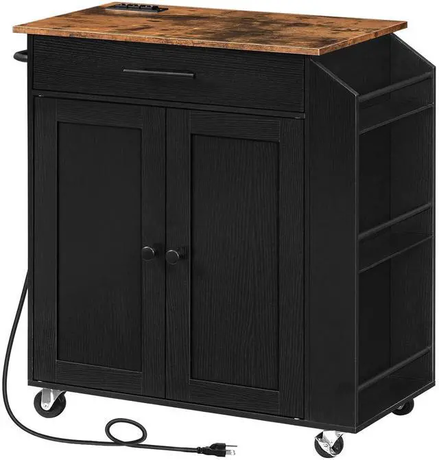 Main image of Kitchen Island with Power Outlet, Storage Island with Spice Rack and Drawer, Rolling Kitchen Cart on Wheels, for Home, Dining Room, Rustic Brown and Black
