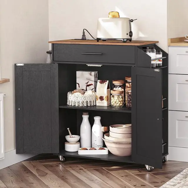 Alt view image 3 of 7 - Kitchen Island with Power Outlet, Storage Island with Spice Rack and Drawer, Rolling Kitchen Cart on Wheels, for Home, Dining Room, Rustic Brown and Black