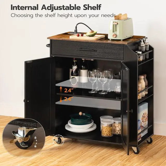 Alt view image 5 of 7 - Kitchen Island with Power Outlet, Storage Island with Spice Rack and Drawer, Rolling Kitchen Cart on Wheels, for Home, Dining Room, Rustic Brown and Black
