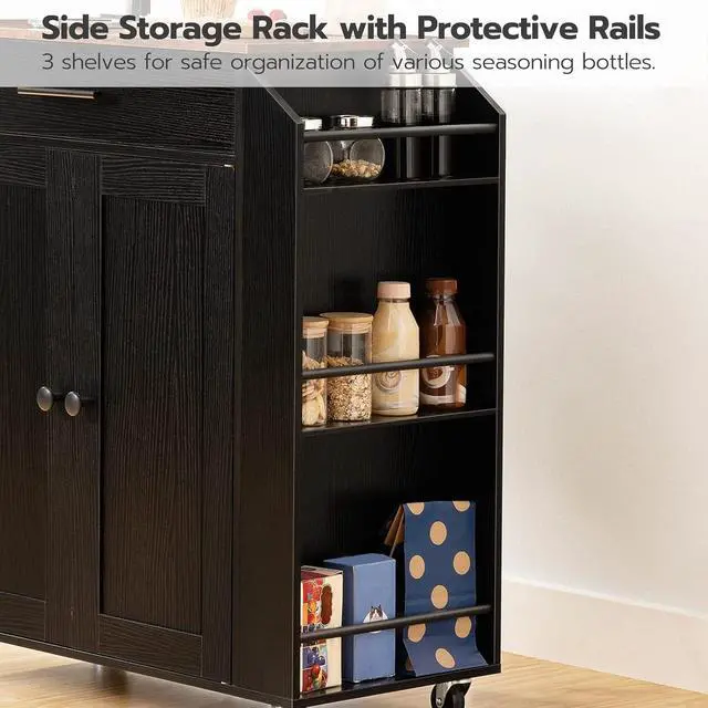 Alt view image 6 of 7 - Kitchen Island with Power Outlet, Storage Island with Spice Rack and Drawer, Rolling Kitchen Cart on Wheels, for Home, Dining Room, Rustic Brown and Black