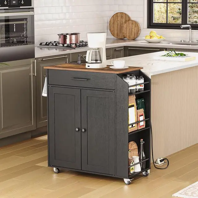 Alt view image 2 of 7 - Kitchen Island with Power Outlet, Storage Island with Spice Rack and Drawer, Rolling Kitchen Cart on Wheels, for Home, Dining Room, Rustic Brown and Black