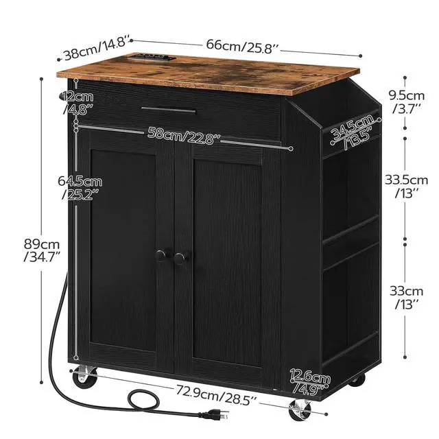 Alt view image 7 of 7 - Kitchen Island with Power Outlet, Storage Island with Spice Rack and Drawer, Rolling Kitchen Cart on Wheels, for Home, Dining Room, Rustic Brown and Black